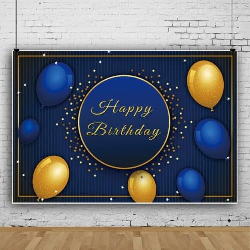 Laeacco Blue Balloons Stripe Happy Birthday Photography Backdrop Party Banner Circle Gold Dot Photo Background Photo Studio Prop