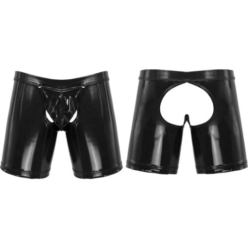 Mens Low Rise Open Butt Undershorts Erotic Lingerie Wet Look Patent Leather Boxer Briefs Removable Bulge Pouch Sexy Underpants