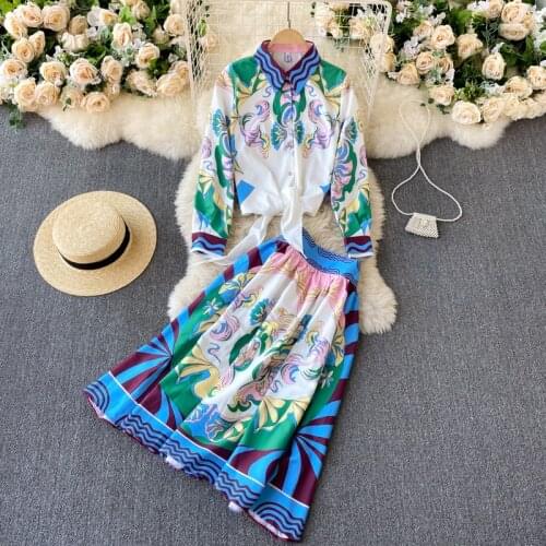 2021 New Brand Designer Printed Runway Set Full Sleeve Shirt Top Female + High Waist Slim Skirt Women Two-piece Suit