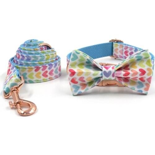 Dog Collar with Engraving Bule Colorful Heart Pattern Designer Dog Collar and Leash Set Soft Fully Adjustable Pet Collar for Dog