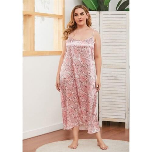 Plus Size Women Night Dress Floral Print Long Maxi Dress Spaghetti Strap Nightgown Satin Nightie Lingerie Sleepwear Loungewear