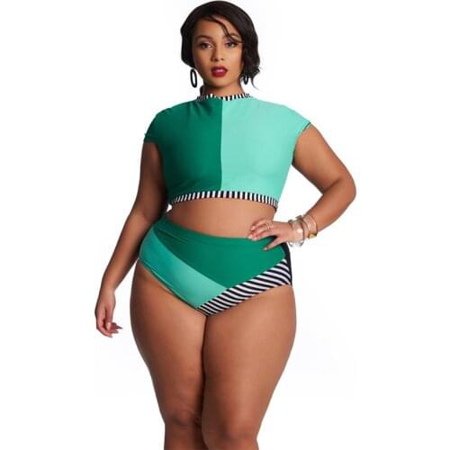 Plus Size Beach Two-piece Swimsuit For Women Stripe Multi-color Patchwork Swimwear Female Crop Top Swimming Bathing Suit XL-4XL