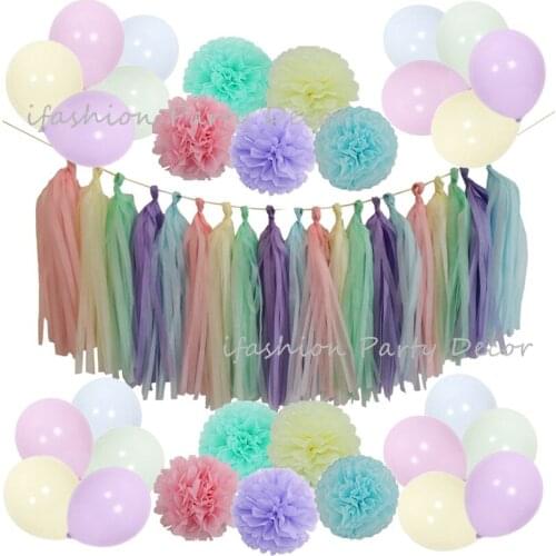 Macaron Color Balloon Assorted Candy Color Paper Pom Poms Tassel Garland for Kids Birthday Party Baby Shower Wedding Decorations