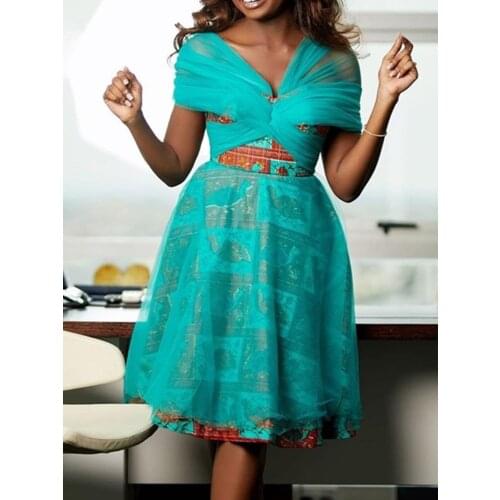 RMSFE 2021 Women Large V-Neck Print Fashion Sexy Mesh Slim Waist Solid Color Dress