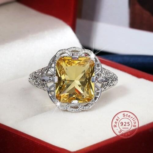 Luxury Big Square Yellow AAAAA+ Zicon Hollowing Carve Ring S925 Sterling Silver Wedding Rings Girls Birthday Stone Jewelry