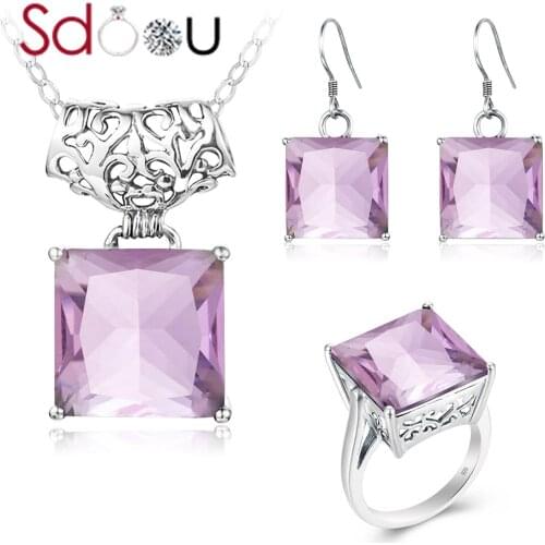 SDOOU Wedding Jewelry Sets Women Sterling Silver Necklace Pendant Ring Drop Earrings Pink Crystal Trendy Jewellry Wholesale New