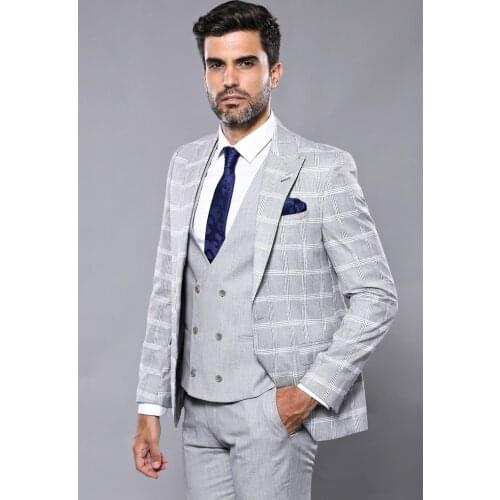 Checked Light Grey Vested Suit