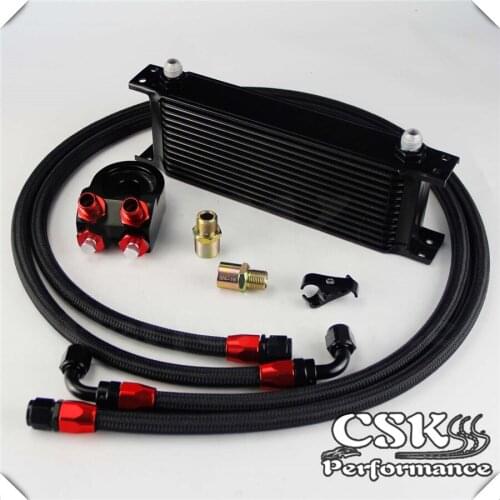 Universal 13 Row 248mm AN8 Engine Transmission Oil Cooler British Type + Aluminum Filter Adapter Kit Black/Blue
