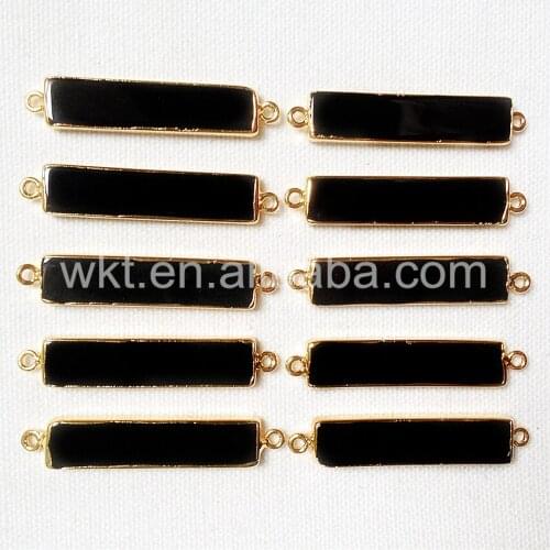 WT-C109 Natural Black Rectangle Stone Connector for Necklace natural black stone with double bails in gold color black connector