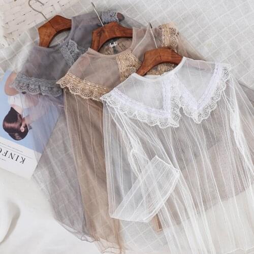 Women Summer O-Neck Peter pan Collar Ruffle Lace Flower Shirt Casual Slim High Waist Mesh Gauze Voile Pullover Tulle Blouse Tops