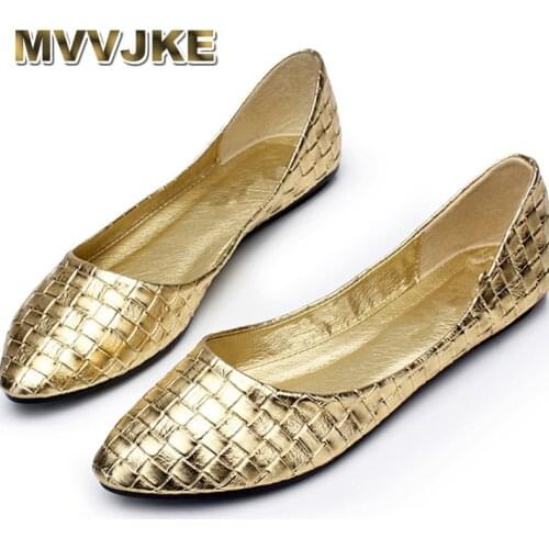 MVVJKE Gold Retro Woven Leather like Casual SLIP-ON Pointed Toe Womens Ballerina Flats