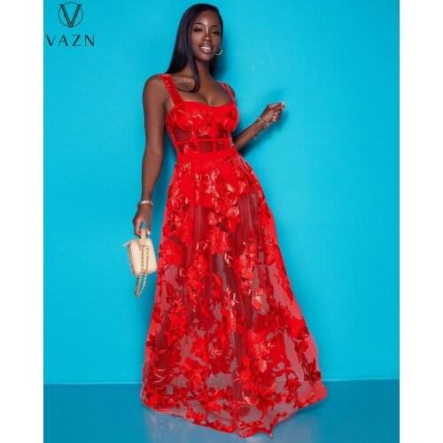 VAZN Summer 2021 Ladies Casual Fashion Street Slim Sexy Solid Color Perspective Embroidered Mesh Skirt Two Pieces