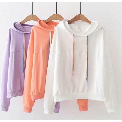 Korean Style New Solid Short Hoodies Women Loose Candy Color Hooded Long Sleeve Color Drawstring Casual Pullovers