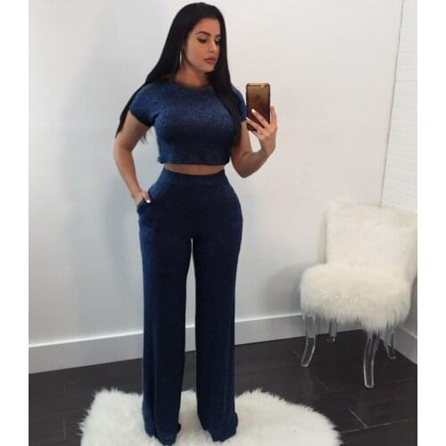 S-XXXL Womens Knitted Sports Commuter Two-piece Wide-leg Pants Short Top to Highlight the Figure