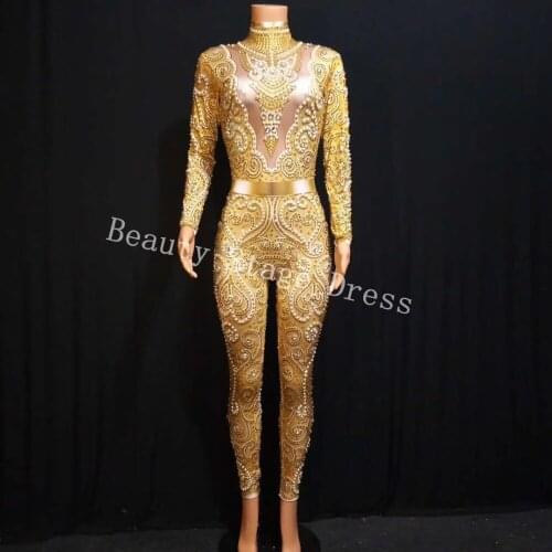Sexy Gold Stones Stretch Jumpsuit Womens Evening Party Wear Yellow Rhinestones Bodysuit Costume Prom Birthday Celebrate Outfit