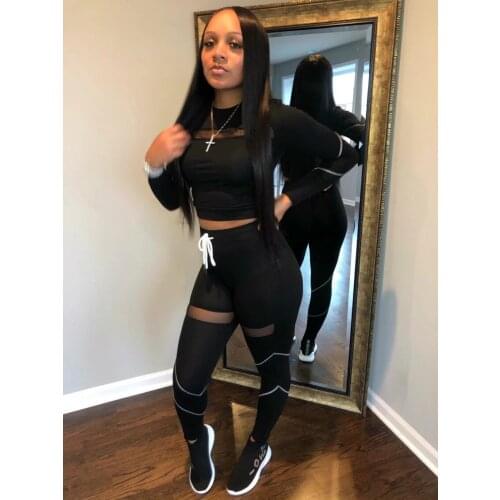 Autumn Winter Women Set O-neck Full Sleeve Crop Top Long Pants Suits 2020 Mesh Two Piece Set Sporty Outfits Tracksuits Short