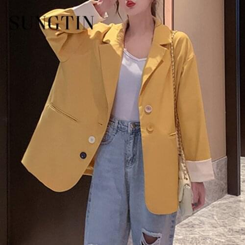 Sungtin Office Ladies Loose Casual Blazer Women Korea Chic Button Pocket Oversized Blazer Femme Vintage Elegant Tops 2021 Autumn