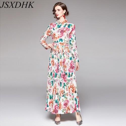 M-4XL Plus Size Fashion Runway Autumn Flower Long Dress Womens Shirt Collar Floral Printed Holiday Pleated Maxi Dress Vestidos