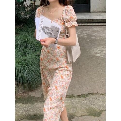 Puff Short Sleeve Women Summer Midi Dress Vintage Floral Print French Style Sundress Sexy Slit Party Dresses 2021