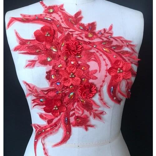 1Piece Rhinestones Lace Appliques 3D Flower Red Gold Fabric Crystal Wedding Flowers Embroidered Wedding Dress Lace Motifs DIY