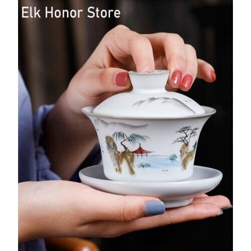 130ml Ceramic Tea Tureen Porcelain Gaiwan Carp Tea Bowl Saucer Lid Set Tea Party Teaware Drinkware Container Cup Decor Crafts