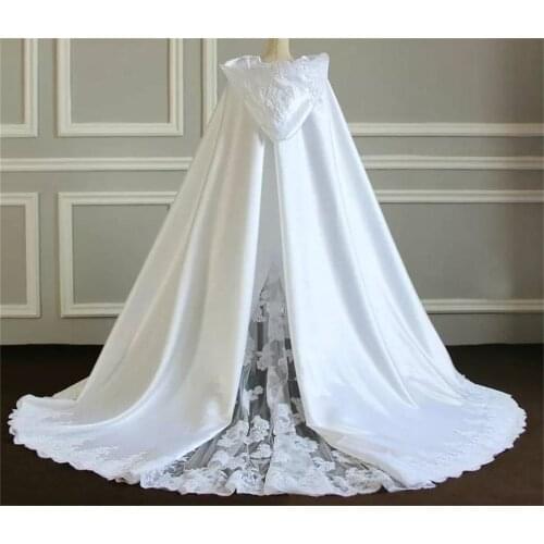 White Hooded Wedding Cloak Lace Silk Satin Winter Bridal Cape Custom Made Bride Bolero Wedding Wrap