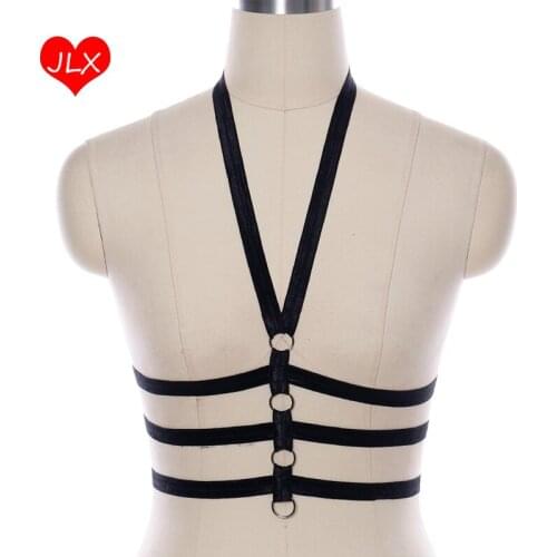 Black O-ring Body Harness Lingerie Elastic Crop Tops Cage Bondage bra Punk Goth Harajuku Fetish Erotic Halloween Christmas Rave