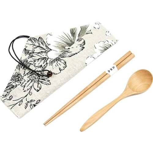 Travel Tableware Set Personal Bamboo Cutlery Set Portable Zero Waste Outdoor Utensils Wood Spoon Fork with Bag Japanese Style
