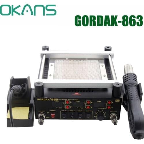 Gordak 863 3 in 1 Digita Hot Air Heat Gun BGA Rework Solder Station + Electric Soldering iron + IR Infrared Preheating Station