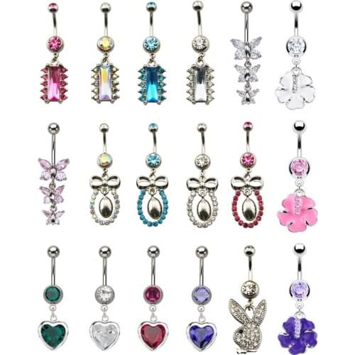 1Piece Crystal Dangling Belly Button Ring Butterfly Flaower Gem Heart Navel Piercing Rings For Sexy Girl Fashion Jewelry 14g