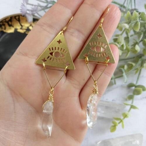 Quartz triangle earrings with evil eye,brass,geometric