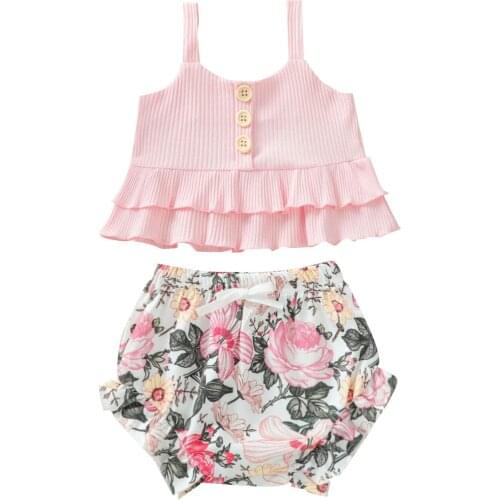 2021 Toddler Girls 2Pcs Summer Outfits, Sleeveless Button Front Ruffle Tank Tops + Floral Shorts Set