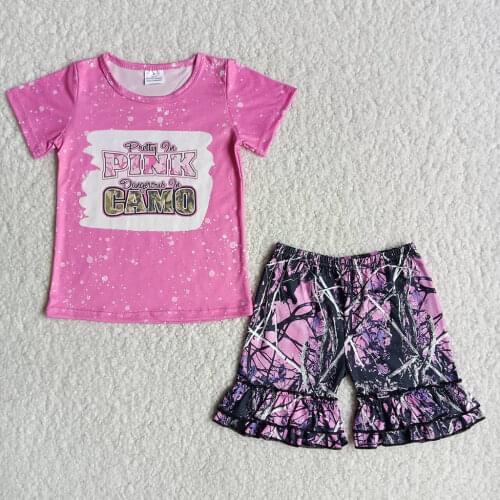 Flower Summer Holiday Girls Outfits Cartoon Pink Camo Letter Clothes Set for Girls Floral Short Clothes Suit Kids RTS