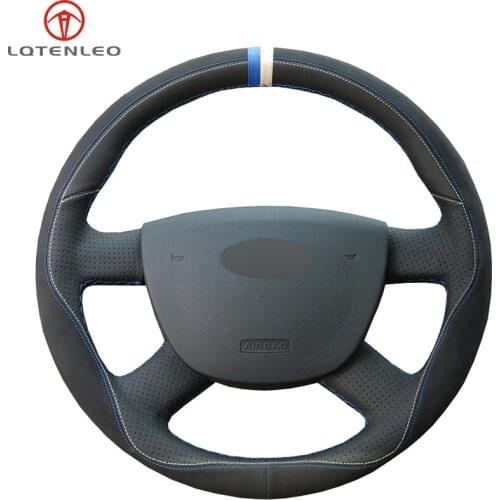 LQTENLEO Black Suede Genuine Leather Car Steering Wheel Cover For Ford Kuga 2008-2011 Focus 2 2005-2011 Focus 3 2012-2014 C-MAX