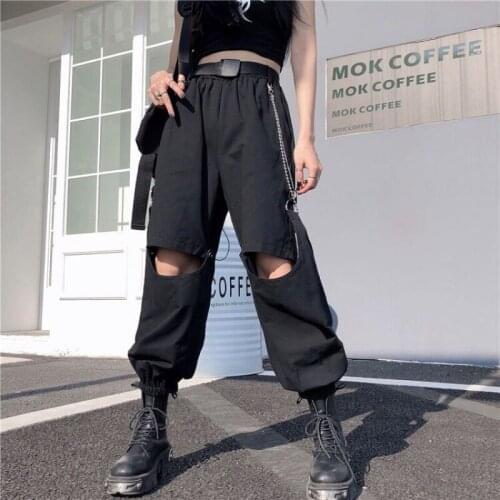 Trendy Hole Pants All Black Gothic Pants Women Detachable Into Shorts Female Plus Size Clothes Street HipHop High Waist Trousers