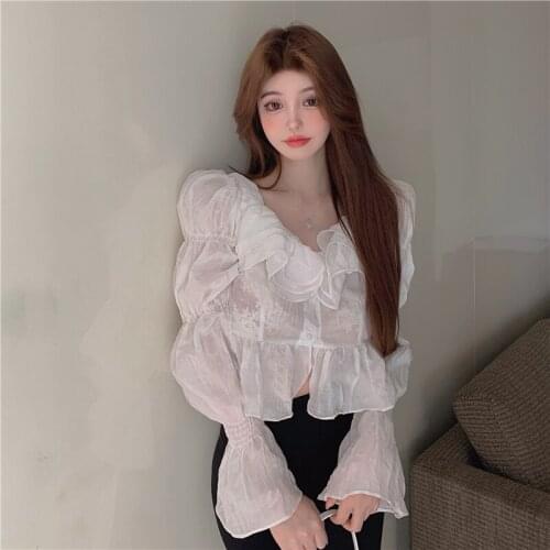 Fashion Women Blouses 2021 Autumn Elegant Flare Sleeve Ruffles Shirts Blusas De Mujer V-neck Chiffon Crop Top Chic Sweet Style