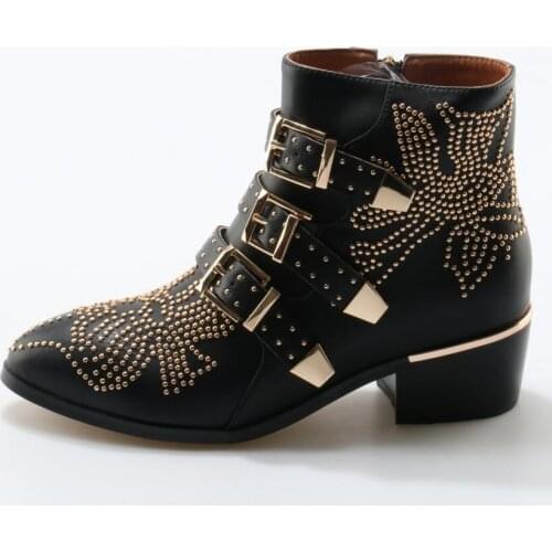 Fashion metal Studded Leather Buckle Ankle Boots Women pointed Toe rhinestones ankle flat buckle boots real photos