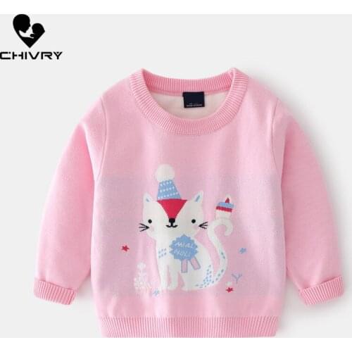 New 2021 Baby Girls Pullover Knitted Sweater Autumn Winter Kids Girls Cartoon Cat Jacquard O-neck Jumper Sweaters Tops Clothing