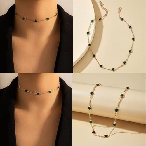 Handmade Necklace Women Choker Collar Metal Alloy Green Rhinestone Jewelry Gold Color