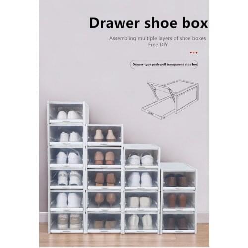 Plastic Pull Shoe Storage Box Container Case Transparent Clear Stackable Shoes Boxes Cabinet Organizer Flip Drawer