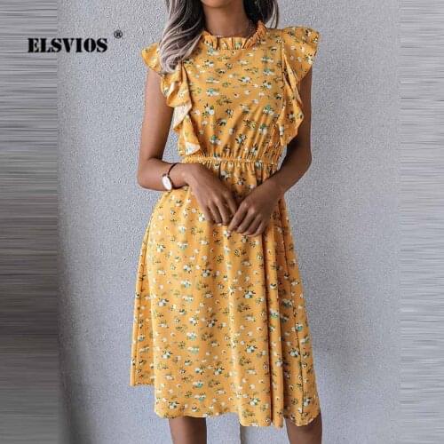 Summer Women Casual Ruffled Short Sleeves Floral Print Fashion A-line Dress Slim Elegant O Neck High Waist Dresses Party Vestido