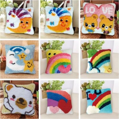 Prajna Handmade Pillow Cushion Latch Hook Kit Mat DIY Embroidery Needlework Crochet Pillow Rainbow Love Kits Accessories 43x43cm