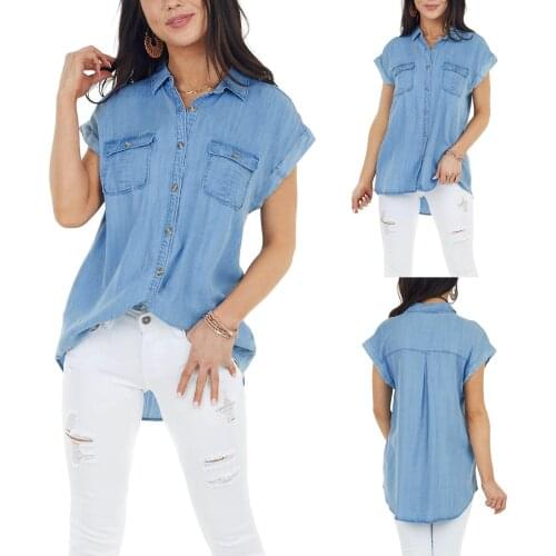 WomenS Denim Shirt Camisas Blouse Summer Short Sleeve Light Blue Button Up Shirt With Pocket Female Tops Blusas Feminina