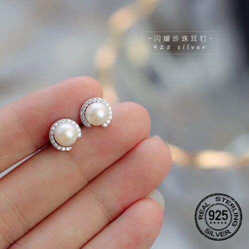 Stud Earrings Pearl For Women 925 Sterling Silver Flat Beads C-Shaped Micro Diamond Fashion Hot Sale High Quality Lady Jewelry