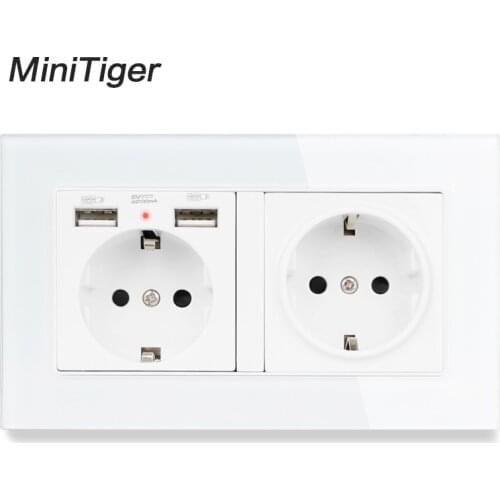 Minitiger 2 Gang Russia Spain EU Standard Wall Socket With 2 USB Charge Port Hidden Soft LED Indicator Crystal Glass Panel