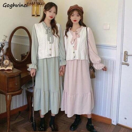 Women Sets Plus Size 3XL Knitted Vest 2 Piece Long Sleeve Solid Bow Ruffles Dresses Elegant Korean Style Students Chic Stylish