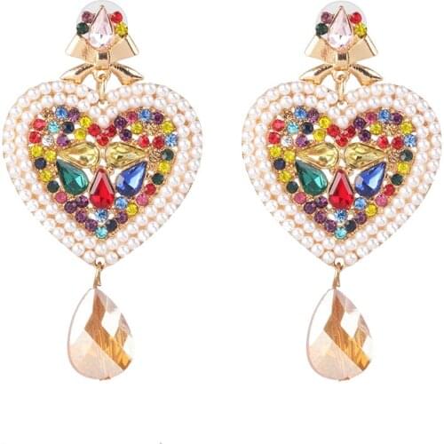 2020 ZA Fashion Imitation Pearls Crystal Heart Shape Big Earrings Women Indian Geometric Statement Long Earring Wedding Jewelry