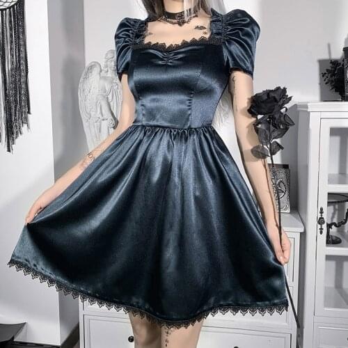Vintage Black Mini Dress Summer Women Square Collar High Waist Puff Sleeve Dress Gothic Lace Patchwork Backless Streetwear