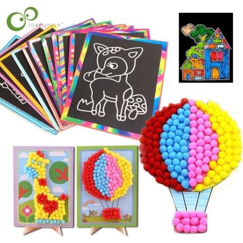 1pc DIY Plush Ball Painting Stickers Children Educational Handmade Puzzles 5pcs small Scratch Art Paper Magic Painting Paper WYQ