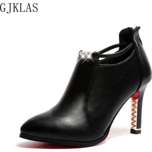 Red Black Leather Shoes for Women High Heel Boots Leather Ankle Boots Fashion Heels Pointed Wedding Boots Female Women Shoes